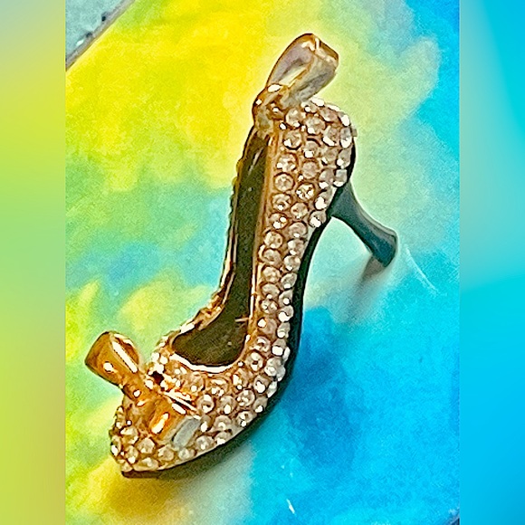 Rhinestone high heel shoe charm necklace crystal bling gold & shiny gold bow - Picture 2 of 8